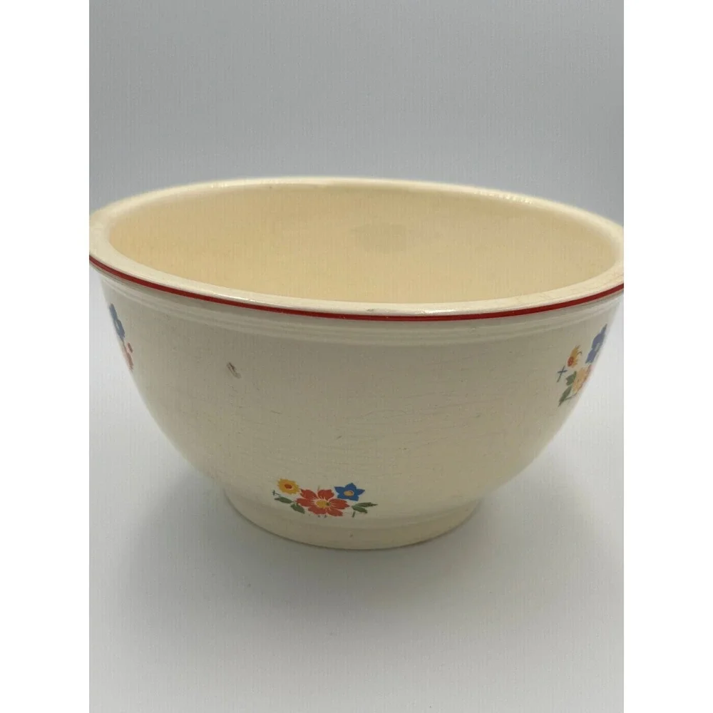 Vintage Homer Laughlin Kitchen Kraft Oven Serve‎ Floral Mixing Bowl Red Rim USA